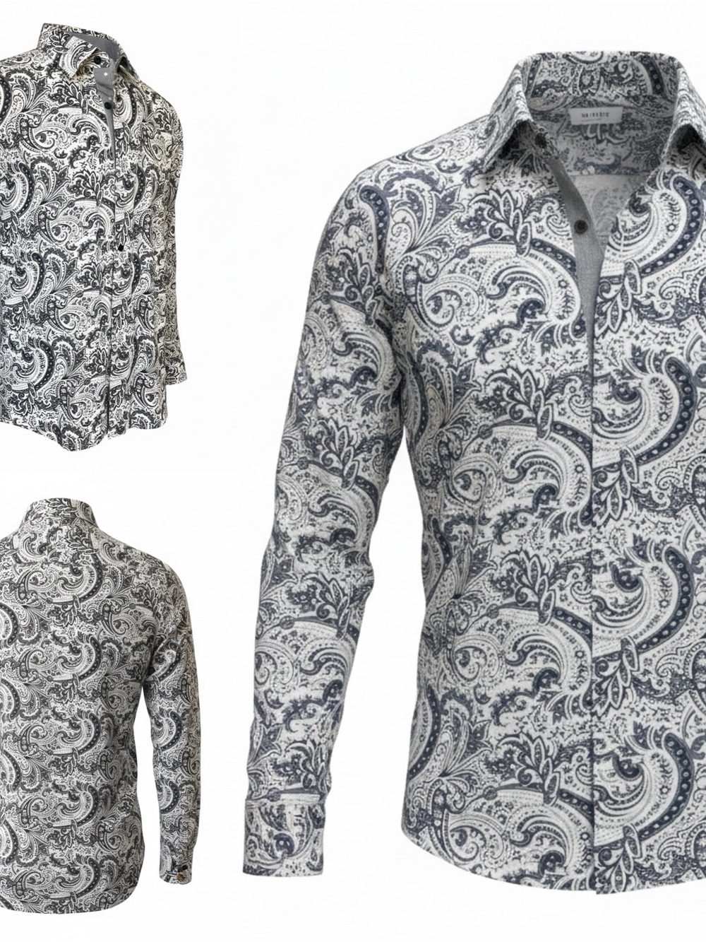 Tallia Men's Paisley Button-Up Shirt Large 16.5 White Black Long Sleeve Dress